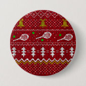テニスクリスマスセーター編み模様レッドクリスマス 缶バッジ (正面)