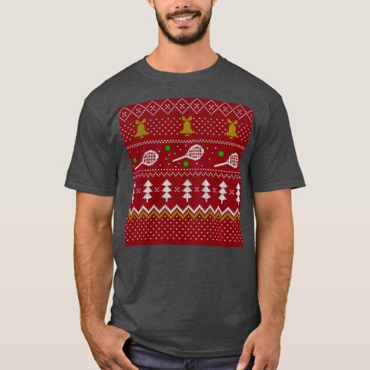 テニスクリスマスセーター編み模様レッドクリスマス Tシャツ (正面)