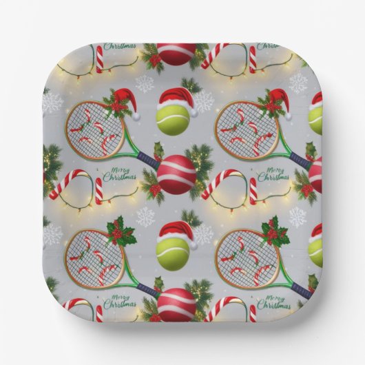 テニスクリスマスフェスティバルラケットとボール ペーパープレート (正面)