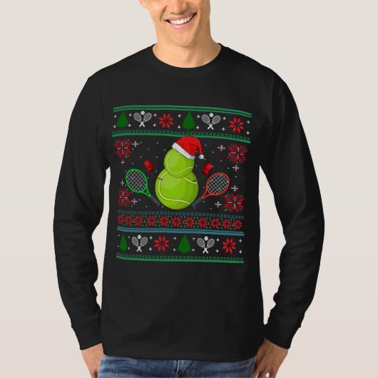 テニスクールサンタ帽の醜いクリスマスセーター Tシャツ (正面)
