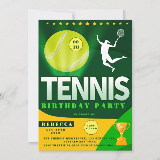 テニスグリーンとイエローバースデーパーティ招待状 (正面)