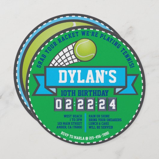 テニスゲームスポーツ誕生日パーティーラウンド 招待状 (正面/裏面)