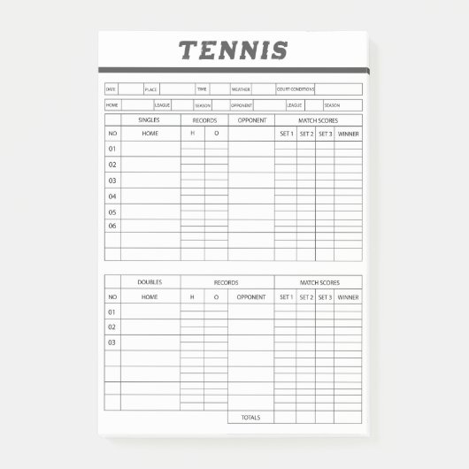 テニスコアシート – スコアパッド後備付きノート ポストイット (正面)