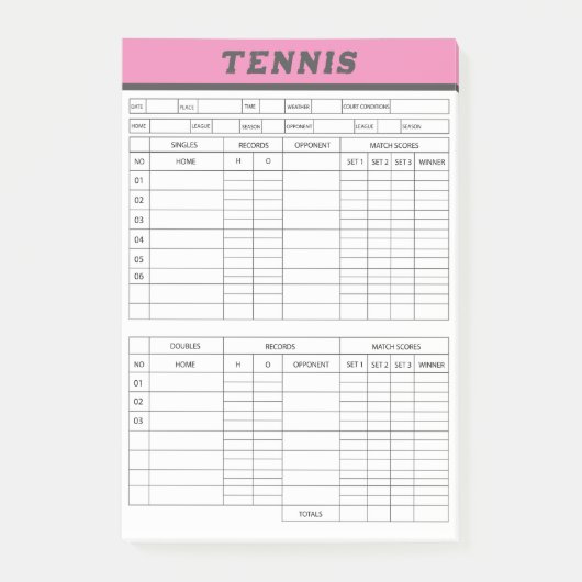 テニスコアシート – スコアパッド後備付きノート ポストイット (正面)