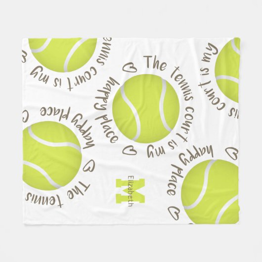 テニスコートは私の幸せな場所の女の子スポーツだ フリースブランケット (正面(横))