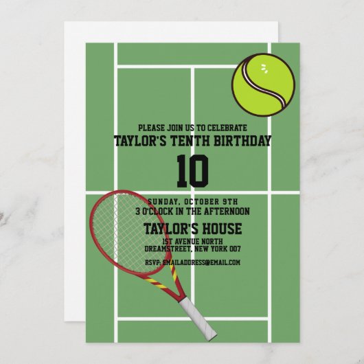 テニスコートスポーツカスタムの誕生日パーティー 招待状 (正面/裏面)