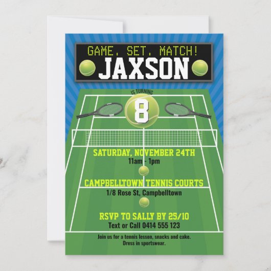 テニスコートボールラケット誕生日パーティー 招待状 (正面)