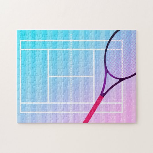テニスコートラケットガールズスポーツピンクパープルブルー ジグソーパズル (横)