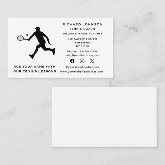 テニスコート男性インストラクタースポーツソーシャルメディア 名刺 (正面/裏面)