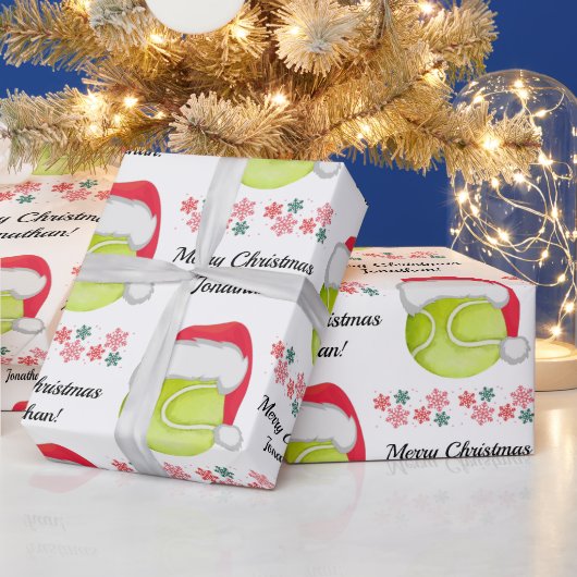 テニスサンタボールメリークリスマス&キッドの名前 ラッピングペーパー (クリスマス)