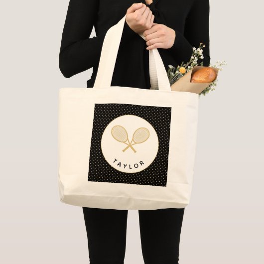テニスシックスポーツギフトブラックアンド金ゴールドカスタム ラージトートバッグ (正面(商品))