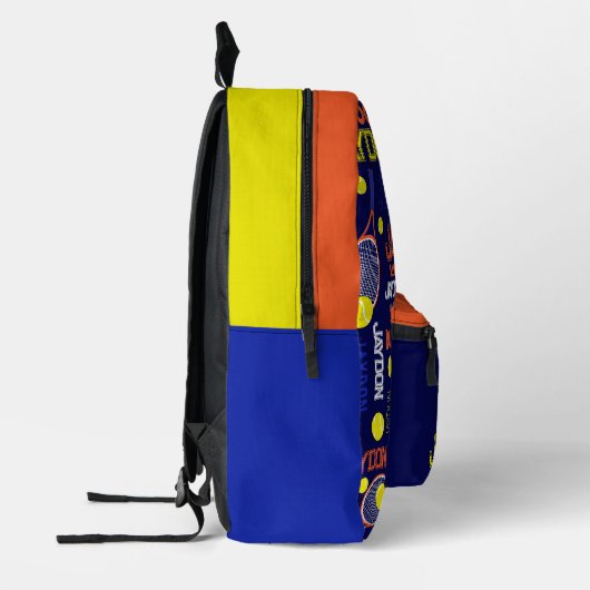 テニススポーツオレンジ色のホワイトブルー名前をカスタムする プリントバックパック (左)