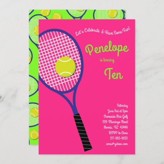 テニススポーツ子供の誕生日パーティーピンクガールズ 招待状 (正面/裏面)