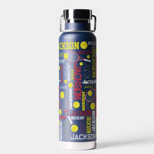 テニススポーツ赤い白いイエロー名前をカスタムする ウォーターボトル (背面)