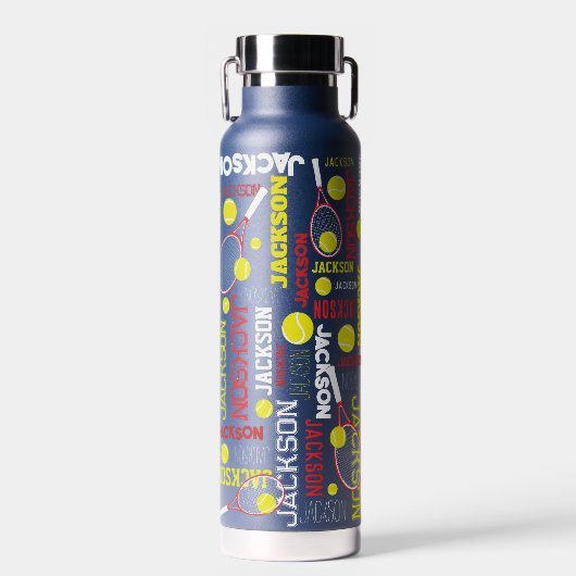 テニススポーツ赤い白いイエロー名前をカスタムする ウォーターボトル (正面)