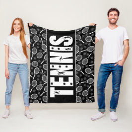 テニスタイポグラフィ文字ブラック&ホワイトカッコいいギフト フリースブランケット