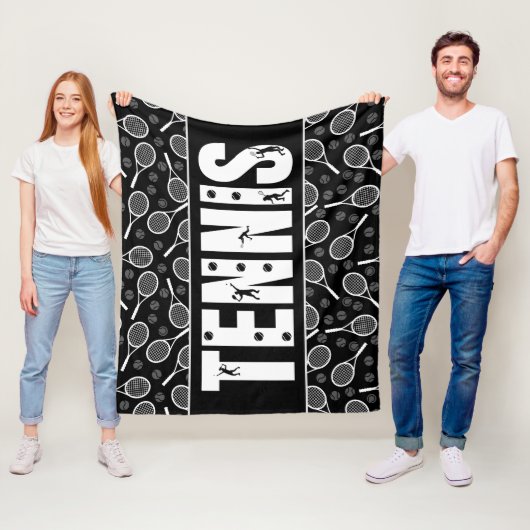 テニスタイポグラフィ文字ブラック&ホワイトカッコいいギフト フリースブランケット (インサイチュ)