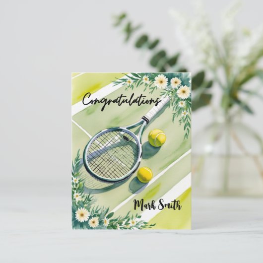 テニステーマの花束とお祝いボール ポストカード (スタンド正面)