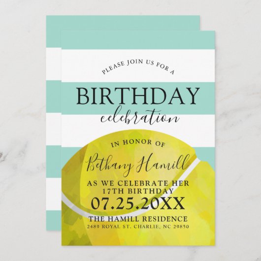 テニステーマの誕生日パーティースセージ招待状 招待状 (正面/裏面)