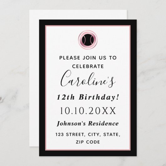 テニステーマエレガントバラ金ゴールド&ブラックスポーツパーティー 招待状 (正面/裏面)