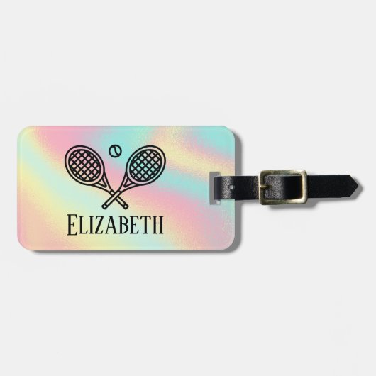 テニステーマピンクモダンレトロモノグラムの名 ラゲッジタグ (正面横)