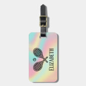 テニステーマピンクモダンレトロモノグラムの名 ラゲッジタグ (正面縦)