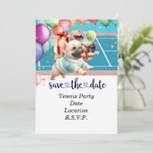 テニスドッグ誕生日:日付招待状カードを保存 セーブザデート (スタンド正面)