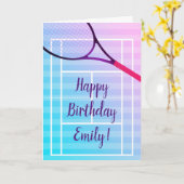 テニスハッピーバースデーガールスポーツかわいいピンクパープル カード (黄色い花)