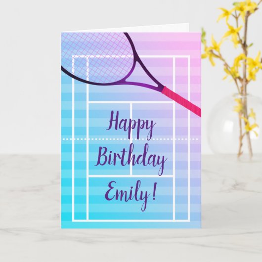 テニスハッピーバースデーガールスポーツかわいいピンクパープル カード (黄色い花)