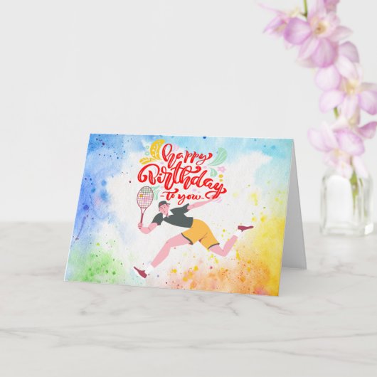 テニスハッピーバースデーテニスプレーヤーの水色 カード (蘭)