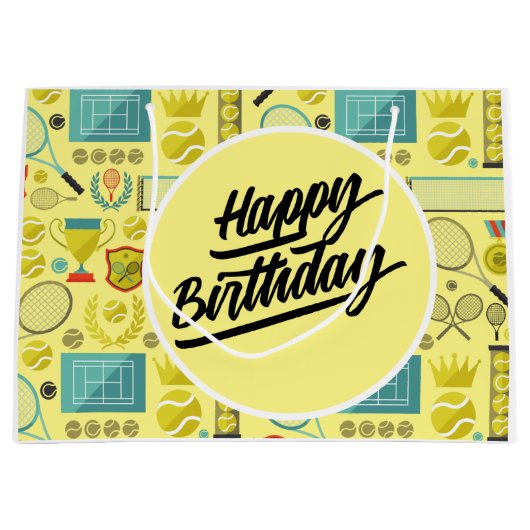 テニスハッピーバースデー（ボールとラケットイエロー） ラージペーパーバッグ (正面)