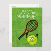 テニスハッピーホリデー（ボールとラケットが緑に浮かぶ） シーズンポストカード (正面/裏面)