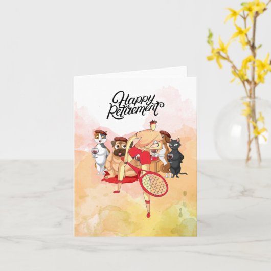 テニスハッピーリタイアメント選手と犬の水色 カード (黄色い花)