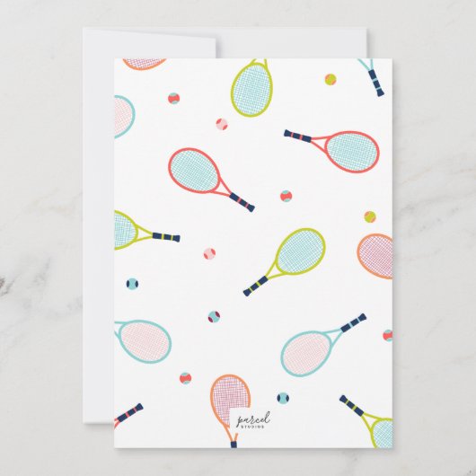 テニスバースデーパーティーコーラルブルーグリーンカスタム 招待状 (裏面)