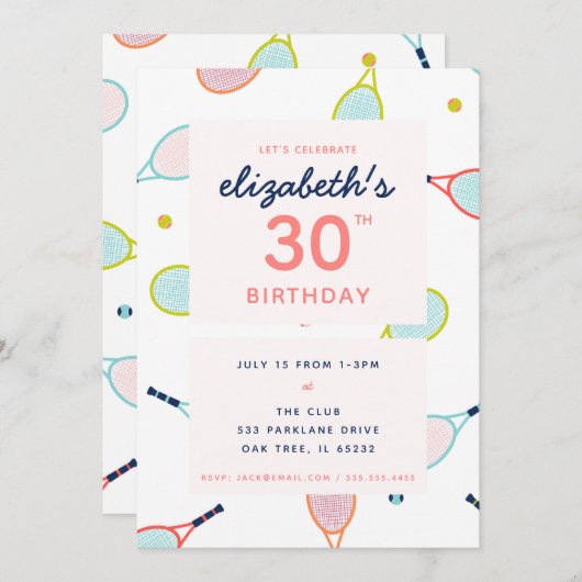 テニスバースデーパーティーコーラルブルーグリーンカスタム 招待状 (正面/裏面)