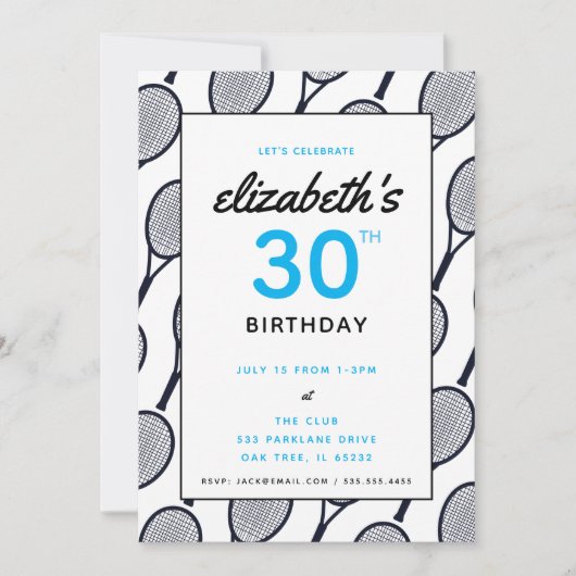 テニスバースデーパーティーブラックブルーカスタム 招待状 (正面)