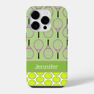 テニスパターンのカスタムネーム ピンク グリーン iPhone 14 PROケース