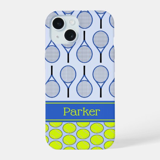 テニスパターンのカスタムネーム 青 iPhone 15ケース (裏面)