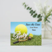 テニスパーティの招待状ラケット及びテニスボール ポストカード (スタンド正面)