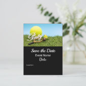 テニスパーティの招待状ラケット及びテニスボール ポストカード (スタンド正面)