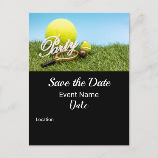テニスパーティの招待状ラケット及びテニスボール ポストカード (正面)