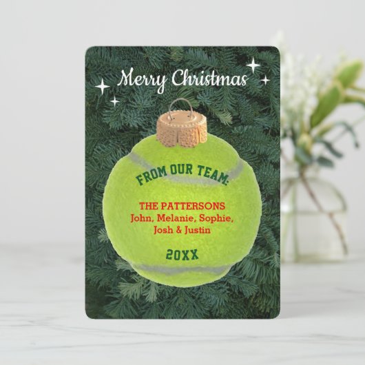 テニスファンパーソナライズされたオーナメントクリスマスカード サンキューカード (スタンド正面)