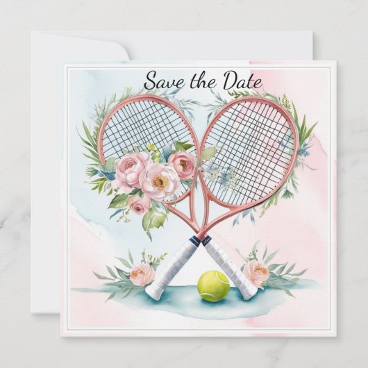 テニスプレイヤーの結婚式 水彩画のSave the Date セーブザデート (正面)