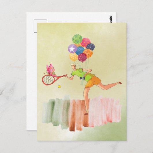テニスプレーヤーと風船の誕生日水彩画 ポストカード (正面/裏面)