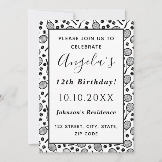 テニスプレーヤーの誕生日パーティー ラケットとボールで楽しく 招待状 (正面)