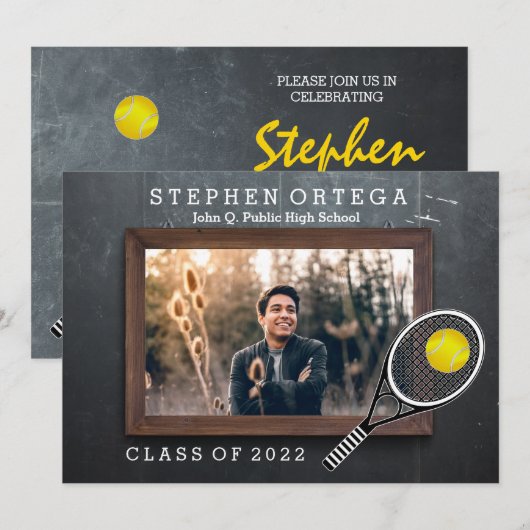 テニスプレーヤーの黒板写真 卒業 招待状 (正面/裏面)