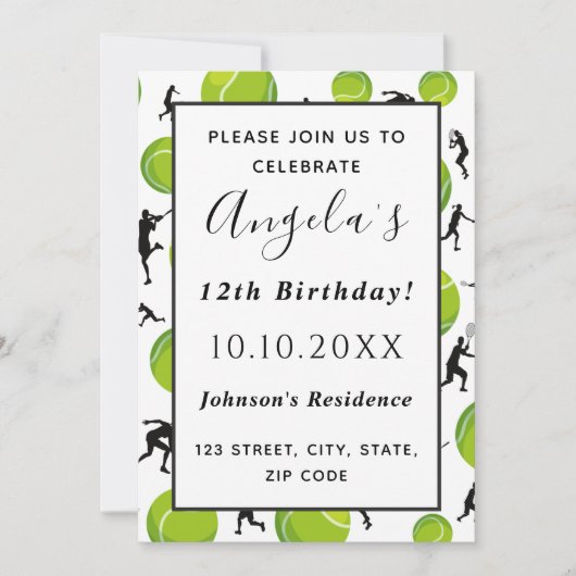 テニスプレーヤー＆ボール バースデーパーティー キッズ コーチ ファン 招待状 (正面)