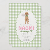 テニスプードルピンクグリーン誕生日 招待状 (正面/裏面)