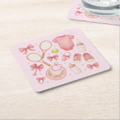 テニスベビーガールテーマラケット付き スクエアペーパーコースター (アングル)