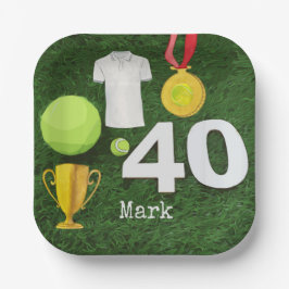 テニスボールが緑に輝くテニス40th誕生日 ペーパープレート